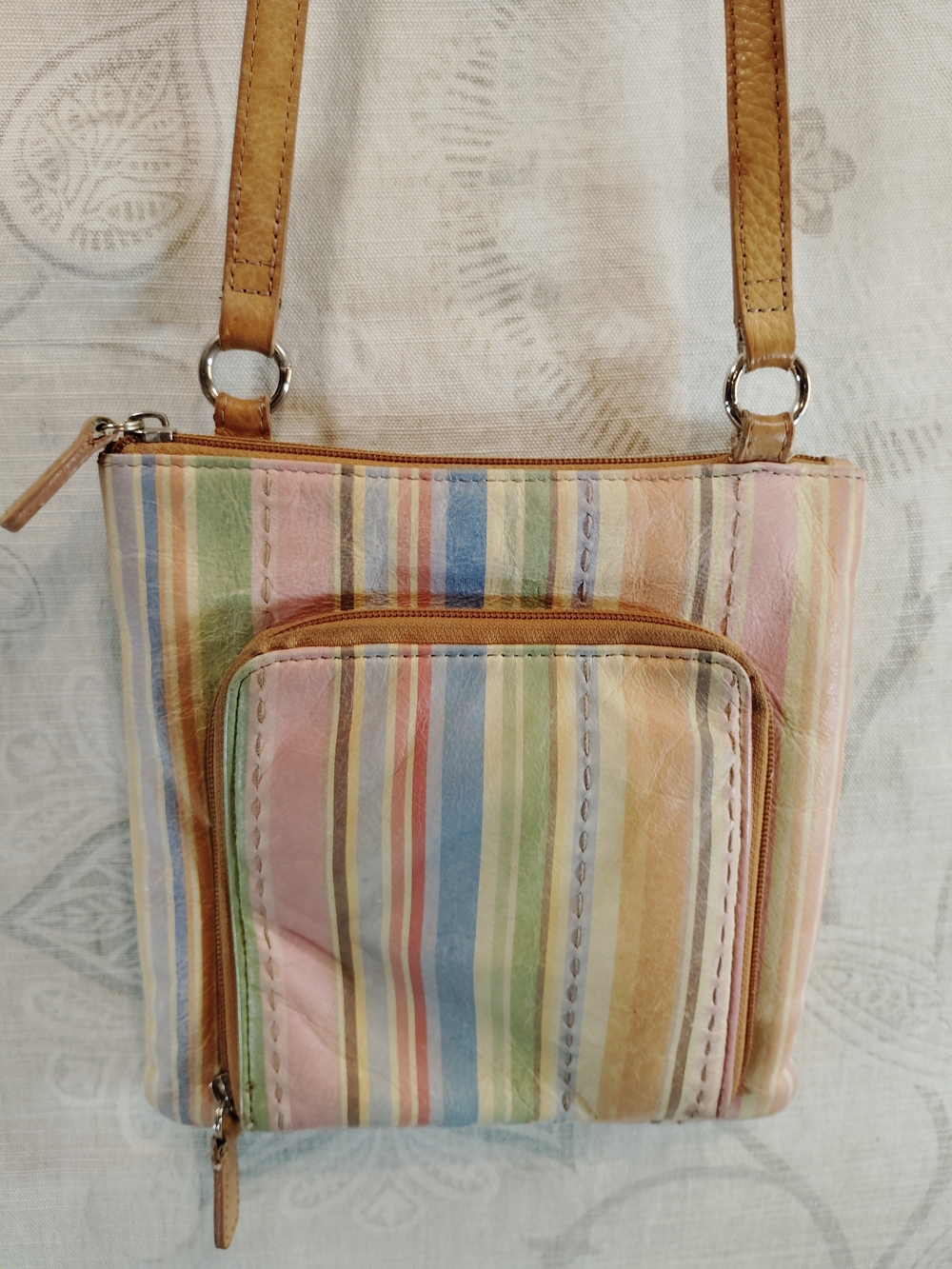 Pastel Multi-Stripe Genuine Leather Crossbody Bag with Tan Trim